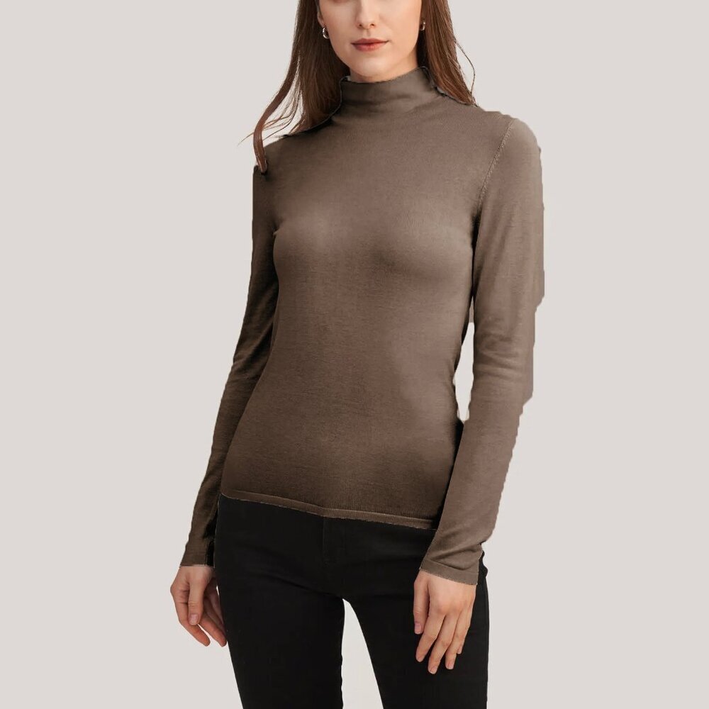 Country Shop LG Women's Camel Tan 100% Silk Sweater Mock Turtleneck Top